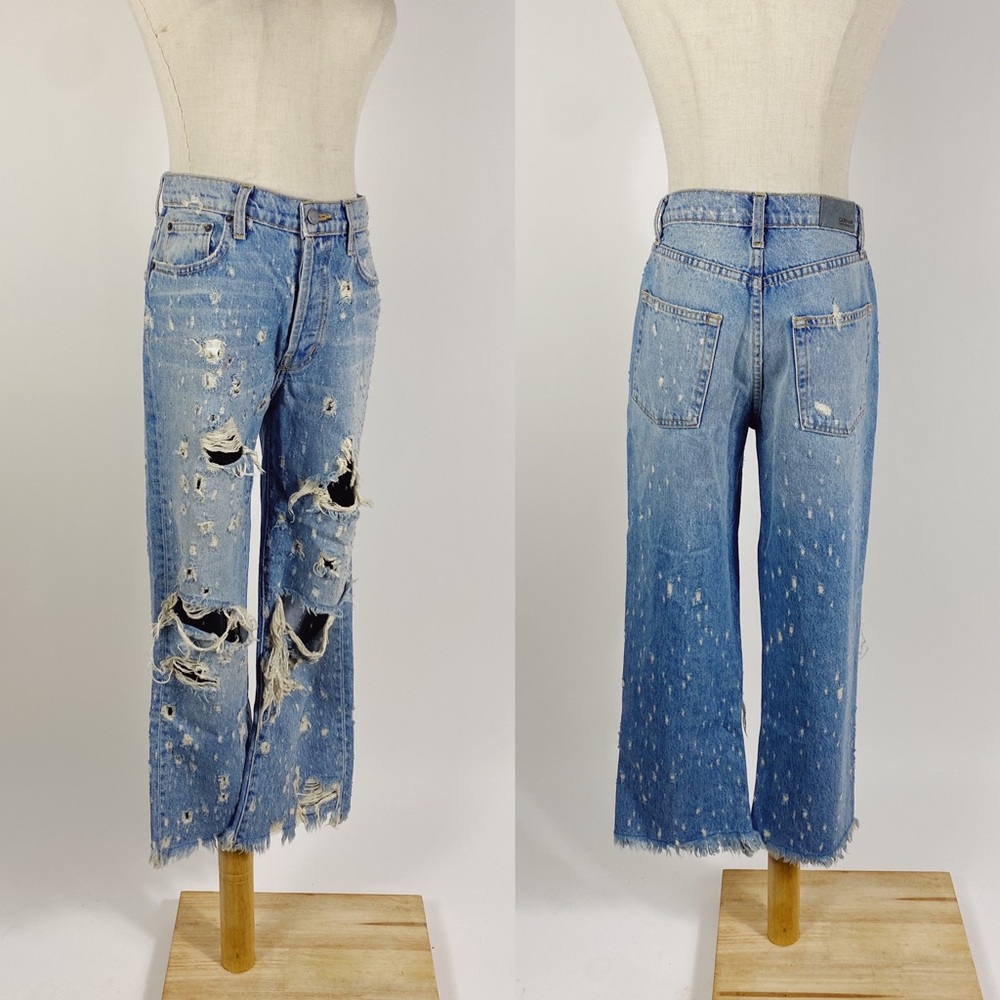 CARMAR Destroyed High Rise Straight Leg Raw Hem Crop Jeans Womens 25